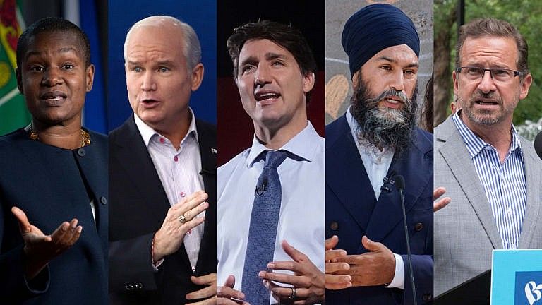L-R: Annamie Paul, Erin O’Toole, Justin Trudeau, Jagmeet Singh, and ves-Francois Blanchet. (Adrian Wyld/CP; David Kawai/Bloomberg/Getty Images; Nathan Denette/CP; Paul Chiasson/CP; Jacques Boissinot/CP)