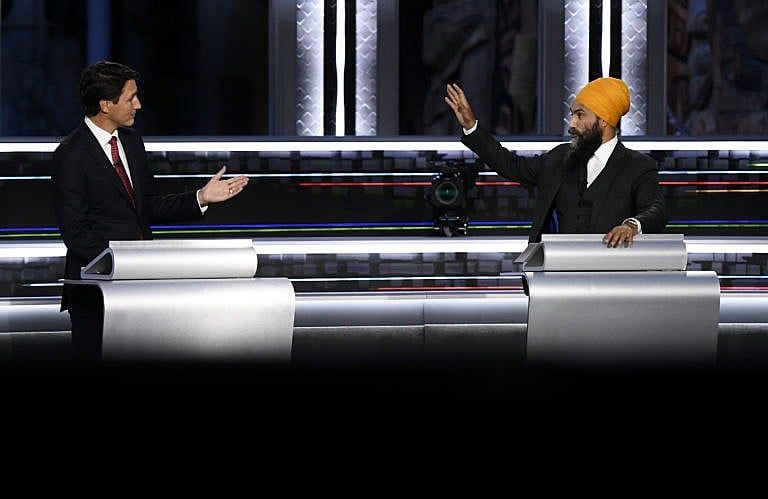 Singh verbally sparring with Trudeau during Thursday's debate. (Justin Tang/CP)