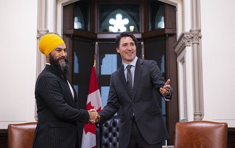 Singh meets with Trudeau on Parliament Hill in Ottawa on Nov. 14, 2019 (Sean Kilpatrick/CP)