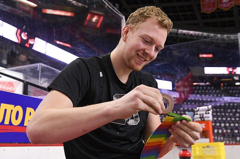 On July 19, Prokop (seen here at the Saddledome) became the first active player under NHL contract to publicly come out as gay (Candice Ward/Calgary Hitmen)