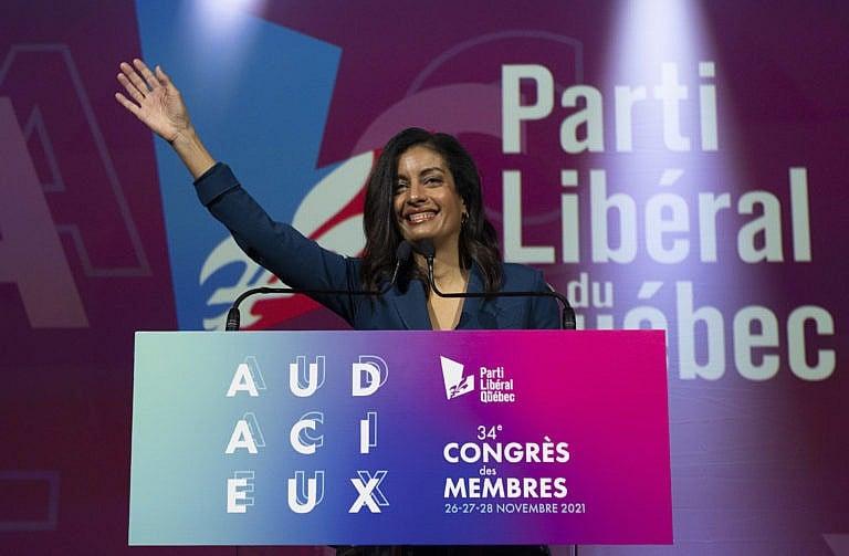 Anglade waves to delegates before her opening speech, at the Quebec Liberal convention, on Nov. 26, 2021 in Quebec City (Jacques Boissinot/CP)