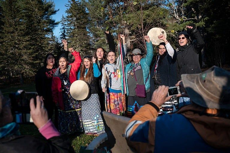 Mi’kmaq grandmothers and supporters celebrate the cancellation of the Alton Gas project (Photograph by Darren Calabrese)