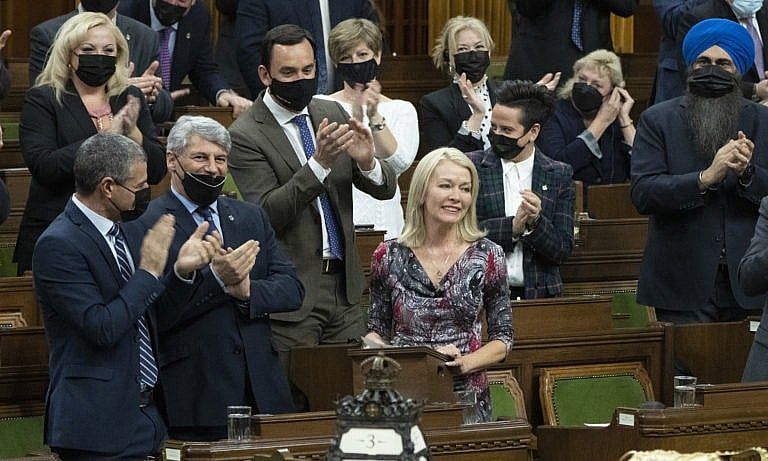 Bergen smiles as she rises for the first time since assuming the Conservative leadership during Question Period, Ottawa, Feb. 3, 2022. (Adrian Wyld/The Canadian Press)