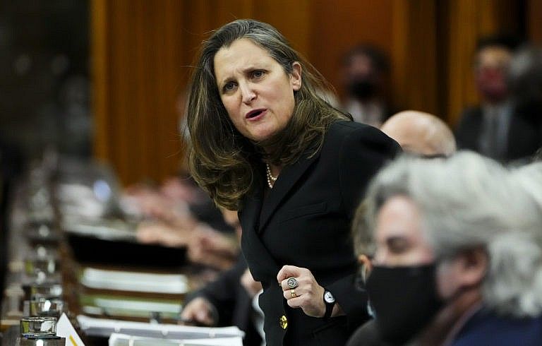 Freeland stands during question period in the House of Commons on Parliament Hill in Ottawa, March 29, 2022. (Sean Kilpatrick/The Canadian Press)
