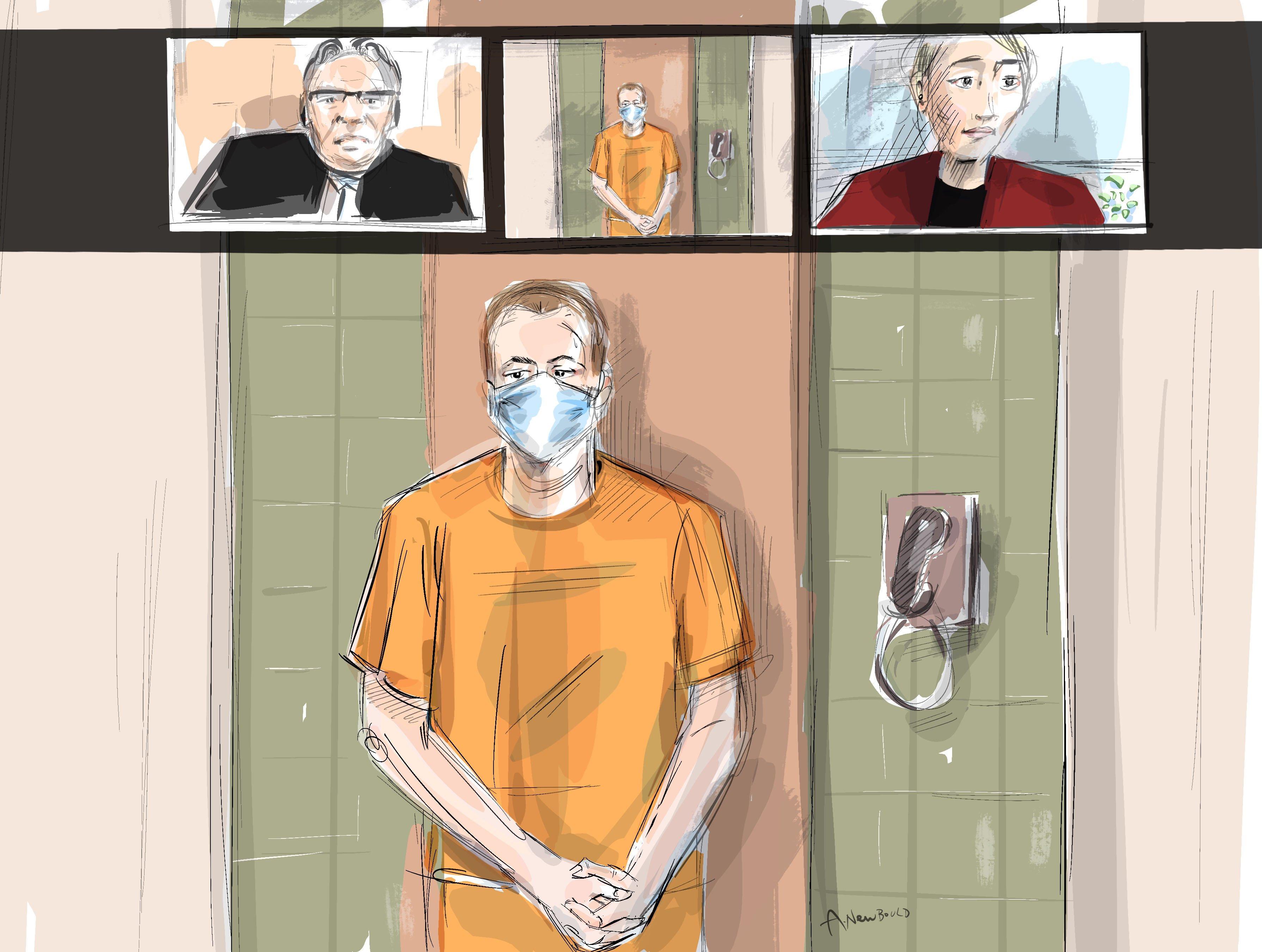 Veltman made a virtual court appearance in October of 2021, as Justice of the Peace Robert Seneshen (top left) and lawyer Alayna Jay look on. (Sketch courtesy of Alexandra Newbould/The Canadian Press)