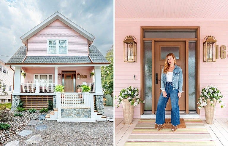 A split photo. On the left is the front of a pink house. On the right is a woman in blue jeans, a white top, and a blue cardigan standing in front of the front door.