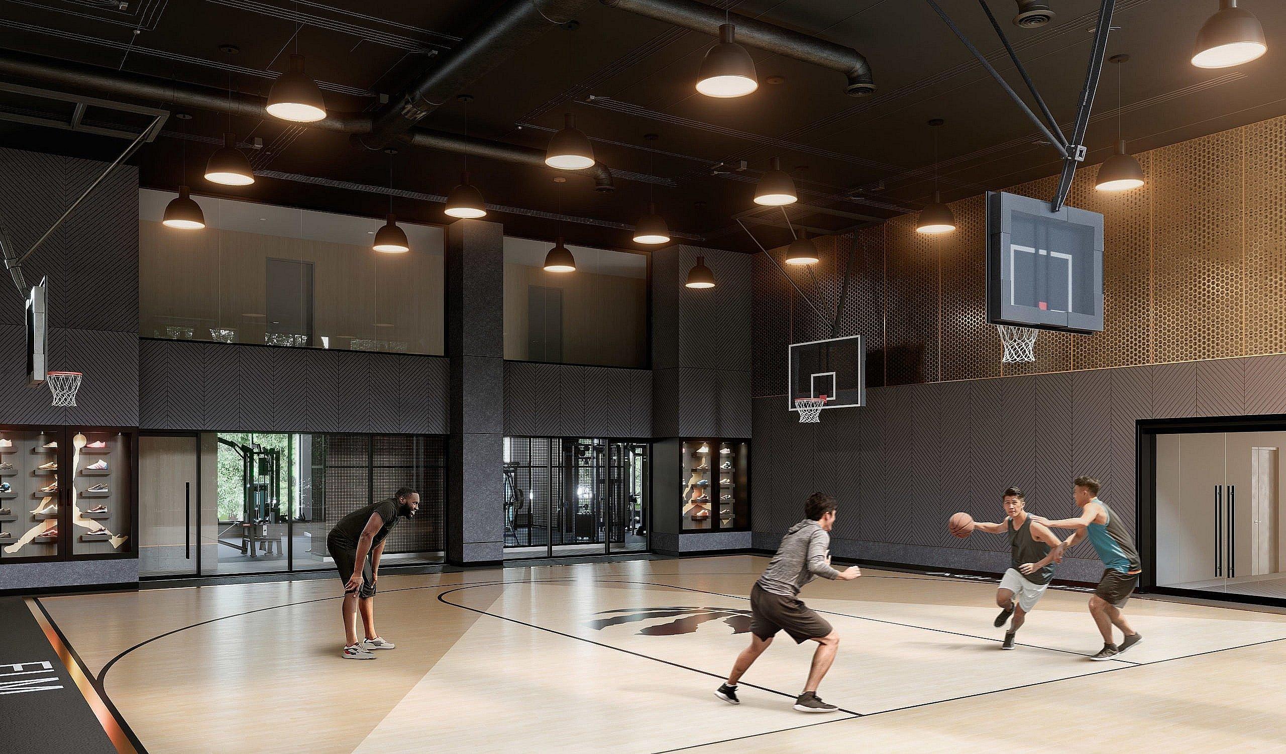 The double-height professional Raptors basketball court at Elm and Ledbury. Ideally located near the intersection of Queen & Church in Toronto's prestigious Garden District, Elm and Ledbury is Fitzroviaâs latest flagship rental community.