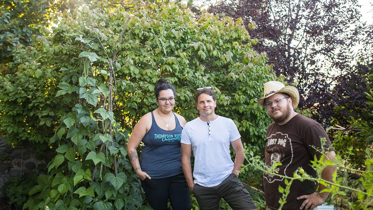 Dr. Courtney Mason and TRU Horticulture students, Shay Paul and James Walkinshaw, at an urban community garden in Kamloops, BC.